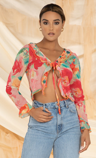 Sweet Attraction Red Green Ruffle Tie Front Floral Pattern Long Sleeve Sheer Chiffon Crop Top