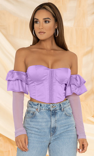 Doing My Best Champagne Sheer Mesh Satin Long Sleeve Ruffle Off The Shoulder V Neck Hook and Eye Bustier Crop Top Blouse