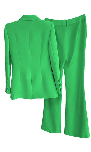 Power Position <br><span>Green Long Sleeve Single Breasted Blazer Jacket High Waist Flare Leg Pant Two Piece Suit Set</span>