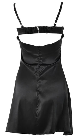 Bedside Manner <br><span>Black Satin Lace Trim Sleeveless Spaghetti Strap Cut Out Back Mini Slip Dress</span>
