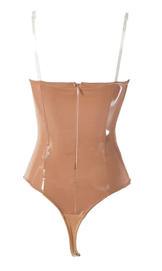 Candy Shell Brown PU Patent Vinyl Faux Leather Strapless Thong V Neck Cut Out Bustier Bodysuit Top