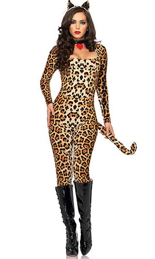 Meow Meow <br><span>Leopard Print Long Sleeve Scoop Neck Bodycon Jumpsuit Cougar Catsuit Costume</span>