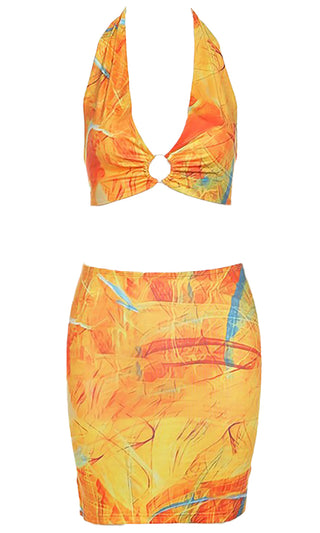 Summer Sweetheart <br><span>Orange Geometric Pattern Sleeveless Backless Plunge V Neck Halter Bodycon Two Piece Mini Dress</span>