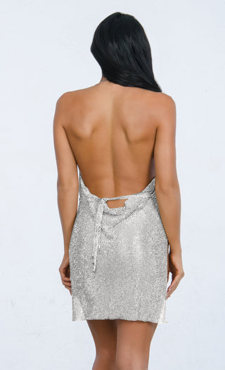 Steal the Scene <br><span>Silver Metallic Rhinestone Diamanté Mesh Mock Neck Cut Out Straps Backless V Neck Mini Dress</span>