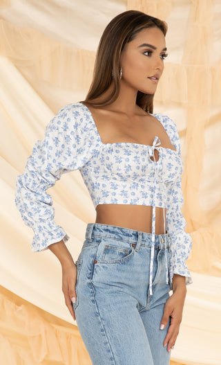 Send Me A Text White Blue Floral Pattern Long Puff Sleeve Square Neck Tie Crop Top Blouse