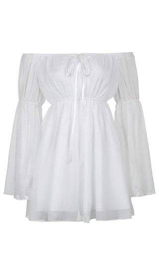 Fairytale Flirt White Black Long Bell Sleeve Puff Shoulder Chiffon Flare A Line Mini With Lace Up Corset Two Piece Dress