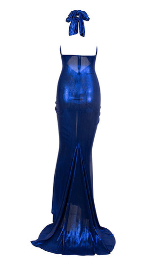 Hold Back The Night Blue Metallic Lame Sleeveless Criss Cross Wrap Backless Halter Cut Out Waist Ruched High Slit Maxi Dress