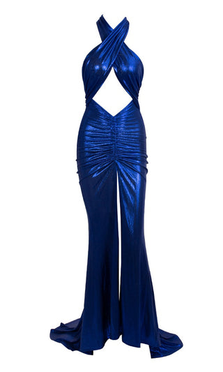 Hold Back The Night Blue Metallic Lame Sleeveless Criss Cross Wrap Backless Halter Cut Out Waist Ruched High Slit Maxi Dress