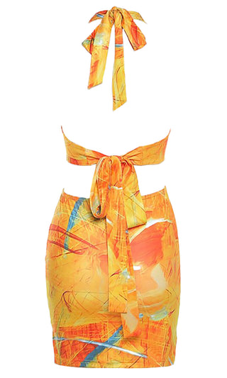 Summer Sweetheart <br><span>Orange Geometric Pattern Sleeveless Backless Plunge V Neck Halter Bodycon Two Piece Mini Dress</span>