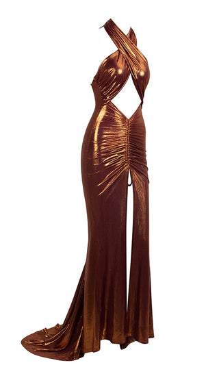 Hold Back The Night Orange Bronze Metallic Lame Sleeveless Wrap Backless Keyhole Halter Criss Cross Cut Out Ruched Slit Maxi Dress