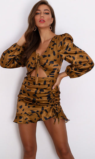 Ego Booster Animal Pattern Long Lantern Sleeve V Neck Cut Out Waist Ruched Drawstring Bodycon Mini Dress