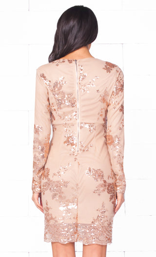 Glowing Nights Beige Gold Sequin Floral Long Sleeve Plunge V Neck Bodycon Mini Dress