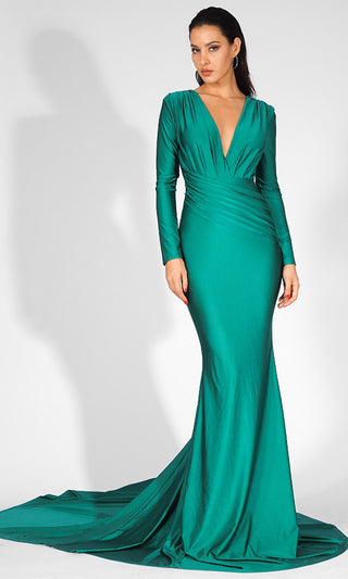 Emerald Elegance Green Long Sleeve Ruched Plunge V Neck Mermaid Maxi Dress