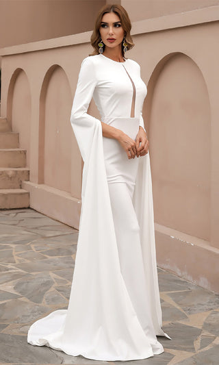 Ruthless Attitude White Extra Long Flare Sleeve Cut Out Front Bodycon Maxi Dress