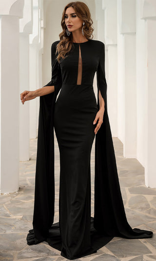 Ruthless Attitude Black Extra Long Flare Sleeve Cut Out Front Bodycon Maxi Dress