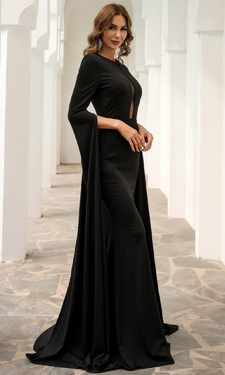 Ruthless Attitude Black Extra Long Flare Sleeve Cut Out Front Bodycon Maxi Dress