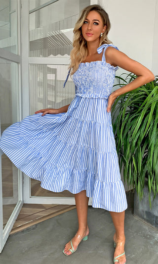 Summertime Love Blue Stripe Pattern Sleeveless Bow Straps Square Neck Smocked Ruffle Casual A Line Midi Dres
