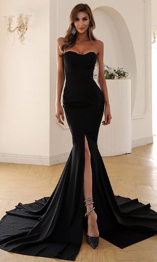 Sophisticated Moment <br><span>Black Strapless Sweetheart Neck Front Slit Mermaid Train Maxi Dress</span>