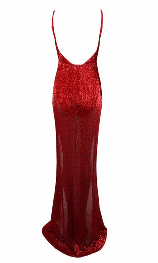 Indie XO Mystery Girl Red Semi Sheer Sequin Spaghetti Strap Sleeveless  Plunge V Neck Backless Double Slit Maxi Dress