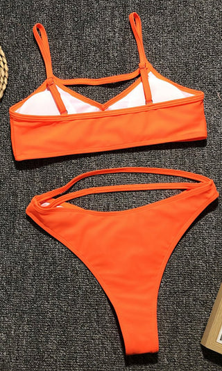 Cocktails And Cabanas <br><span> Spaghetti Strap V Neck Cut Out Crop Top Thong Bikini Two Piece Swimsuit </span>