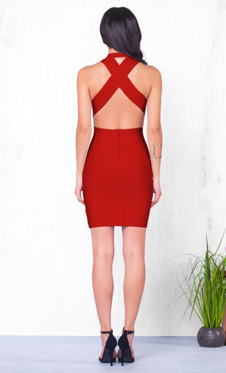 She's A Catch Sleeveless Red Plunging Deep V Neck Cross Back Body Con Bandage Fitted Mini Dress