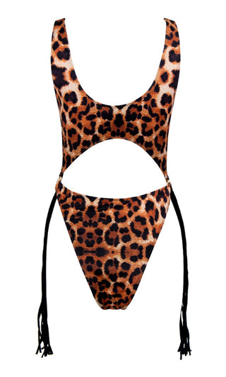 Point Of No Return <br><span>Leopard Sleeveless Scoop Neck Cut Out Waist Tassel Fringe Brazilian One Piece Monokini Swimsuit</span>