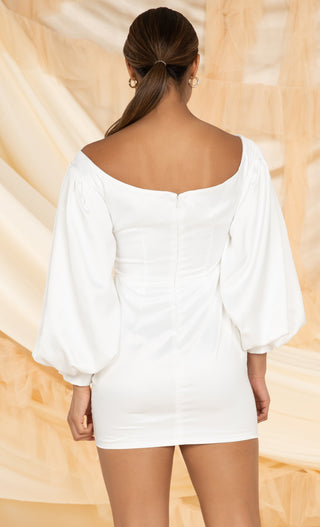 Genuine Love White Satin Long Lantern Sleeve Off The Shoulder Sweetheart Neck Cross Front Bodycon Mini Dress