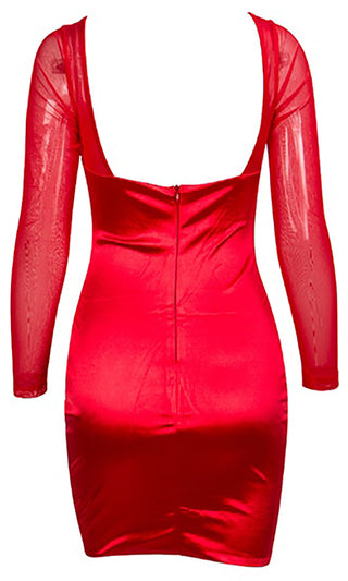 Hard To Believe Red Satin Mesh Long Sleeve Cut Out Metal Padded Bra Cup Bodycon Mini Dress