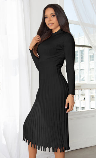 All You Want Black Pleated Crew Ribbed Round Neck Modest Long Sleeve Stretch Knit Body Con Sweater Midi Dress