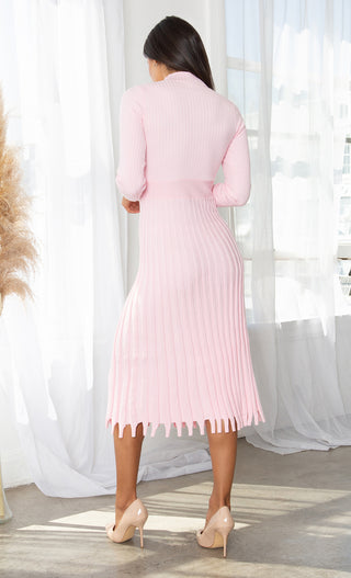 All You Want Light Pink Pleated Crew Ribbed Round Neck Modest Long Sleeve Stretch Knit Body Con Sweater Midi Dress