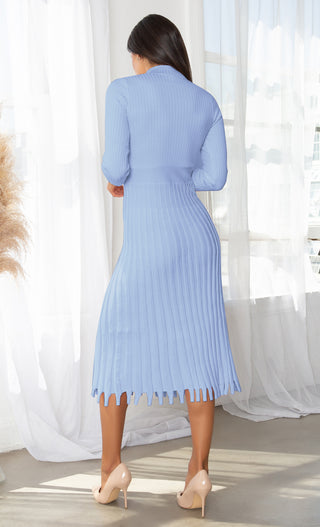 All You Want Nude Pleated Crew Ribbed Round Neck Modest Long Sleeve Stretch Knit Body Con Sweater Midi Dress