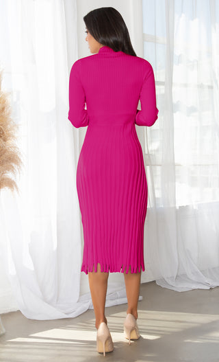 All You Want Blue Pleated Crew Ribbed Round Neck Modest Long Sleeve Stretch Knit Body Con Sweater Midi Dress