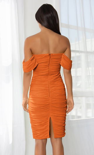 Queen Of Hearts Orange Short Sleeve Off The Shoulder Draped Ruched Bodycon Midi Dress