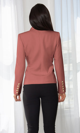 Ready To Work Magenta Long Sleeve Peaked Lapels Double Breasted Gold Button Blazer Jacket Outerwear