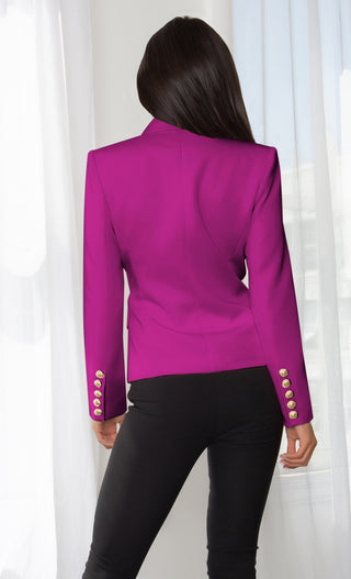Ready To Work Hot Pink Long Sleeve Peaked Lapels Double Breasted Gold Button Blazer Jacket Outerwear