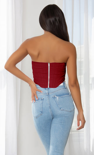 Pour The Wine Wine Red Sheer Mesh Draped Strapless Pointy Bustier Corset Crop Top