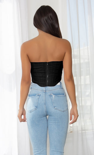 Pour The Wine Black Sheer Mesh Draped Strapless Pointy Bustier Corset Crop Top