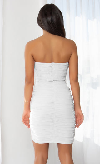 Night Prowl White Sheer Mesh Strapless Scoop Neck Ruched Bodycon Mini Dress