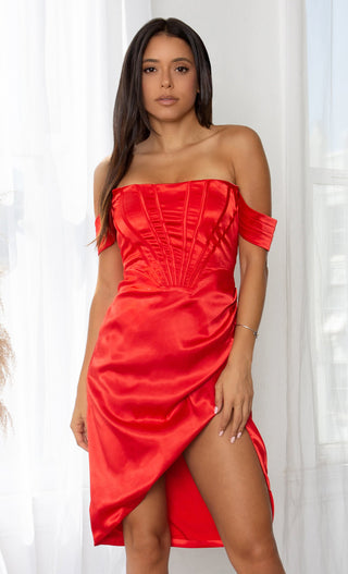 Mysterious Lover Red Satin Draped Off The Shoulder Short Sleeve Scoop Neck Cross Wrap Midi Dress