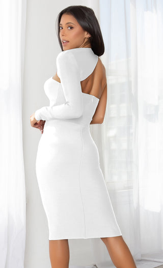 Seductive Rendezvous <br><span> White One Shoulder Bandage Long Sleeve Asymmetric Cut Out Bodycon Midi Dress </span>