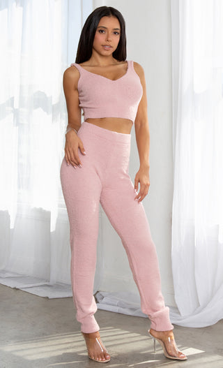 Warm And Fuzzy Pink Sweater Knit Lounge Sleeveless V Neck Crop Top High Waist Skinny Leg Pant Two Piece Jumpsuit Set