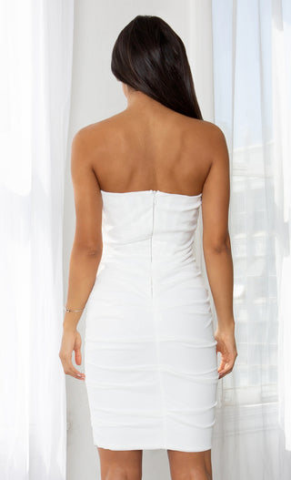 Night Prowl White Bandage Version Sheer Mesh Strapless Scoop Neck Ruched Bodycon Mini Dress