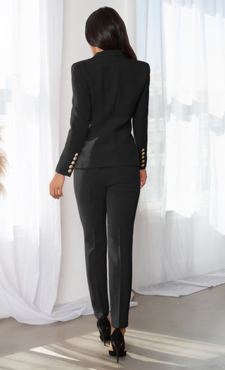 Get The Job Done Black Double Breasted Gold Button Long Sleeve V Neck Blazer Jacket Skinny Pant Two Piece Jumpsuit Set