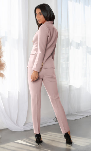 Get The Job Done Pink Double Breasted Gold Button Long Sleeve V Neck Blazer Jacket Skinny Pant Two Piece Jumpsuit Set