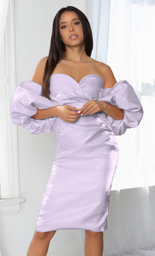 Hello My Love Lavender Shiny Short Puff Sleeve Off The Shoulder Taffeta Strapless Sweetheart Neck Bodycon Midi Dress