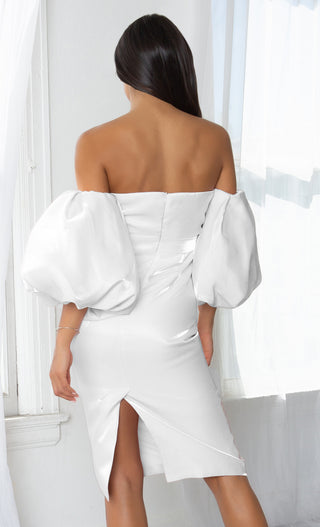 Hello My Love White Shiny Short Puff Sleeve Off The Shoulder Taffeta Strapless Sweetheart Neck Bodycon Midi Dress