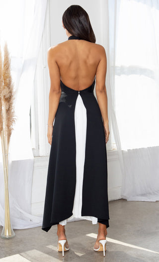 Always And Forever <br><span>Color Block Black White Pleated Sleeveless Backless V Neck Halter Crop Top Maxi Skirt Two Piece Dress</span>