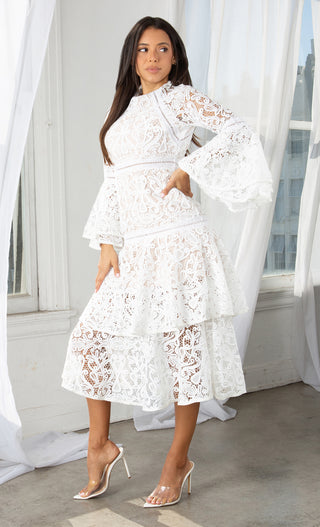 Attention To Detail White Long Flare Bell Sleeve Guipure Lace Crochet Tiered Lace Ruffle Crew Neck Casual A Line Midi Dress