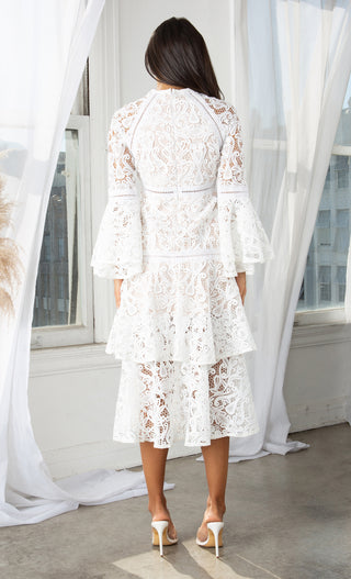 Attention To Detail White Long Flare Bell Sleeve Guipure Lace Crochet Tiered Lace Ruffle Crew Neck Casual A Line Midi Dress