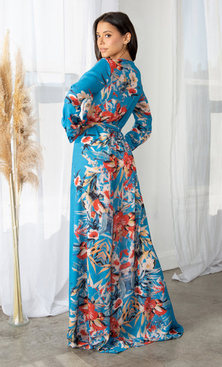 Welcome to Miami Blue Blue Red Pink Green Beige White Floral Long Sleeve Plunge V Neck High Slit Maxi Dress